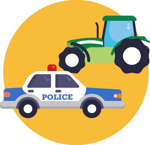 Ein blau-weißes Polizeiauto und ein grüner Traktor stehen nebeneinander vor einem gelben Hintergrund.
